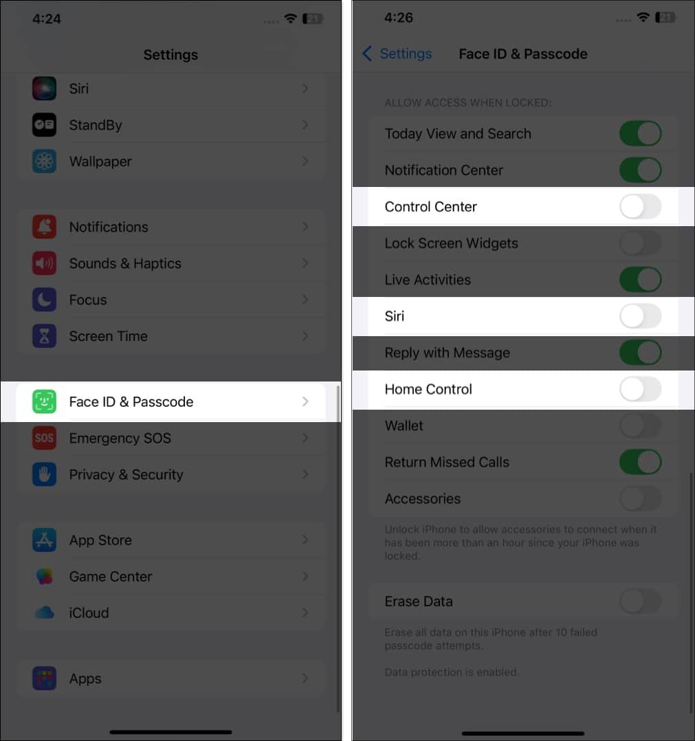 Turn off Control Center Siri and Home Control settings on iPhone