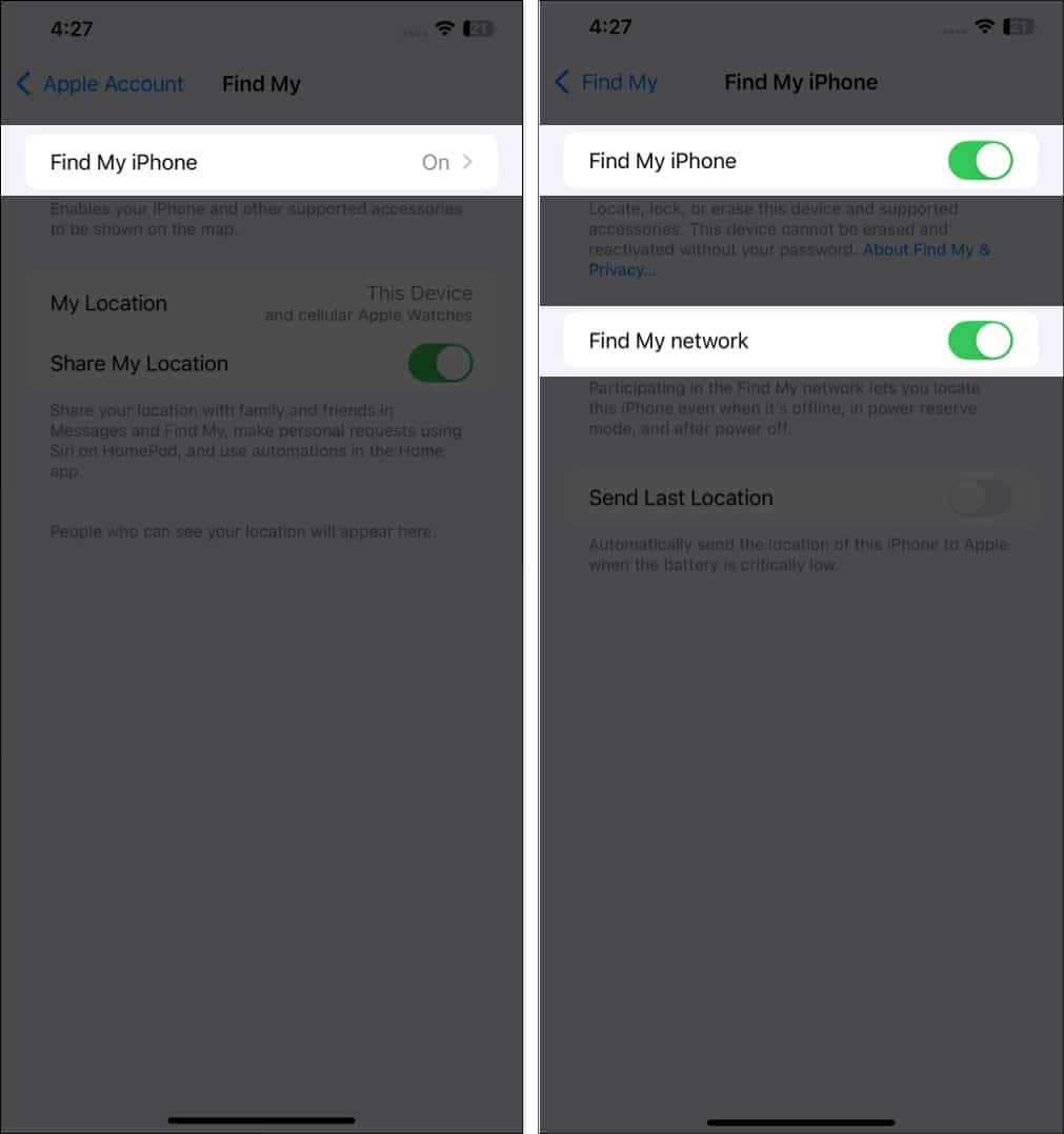 Toggle on Find My iPhone and Find My Network