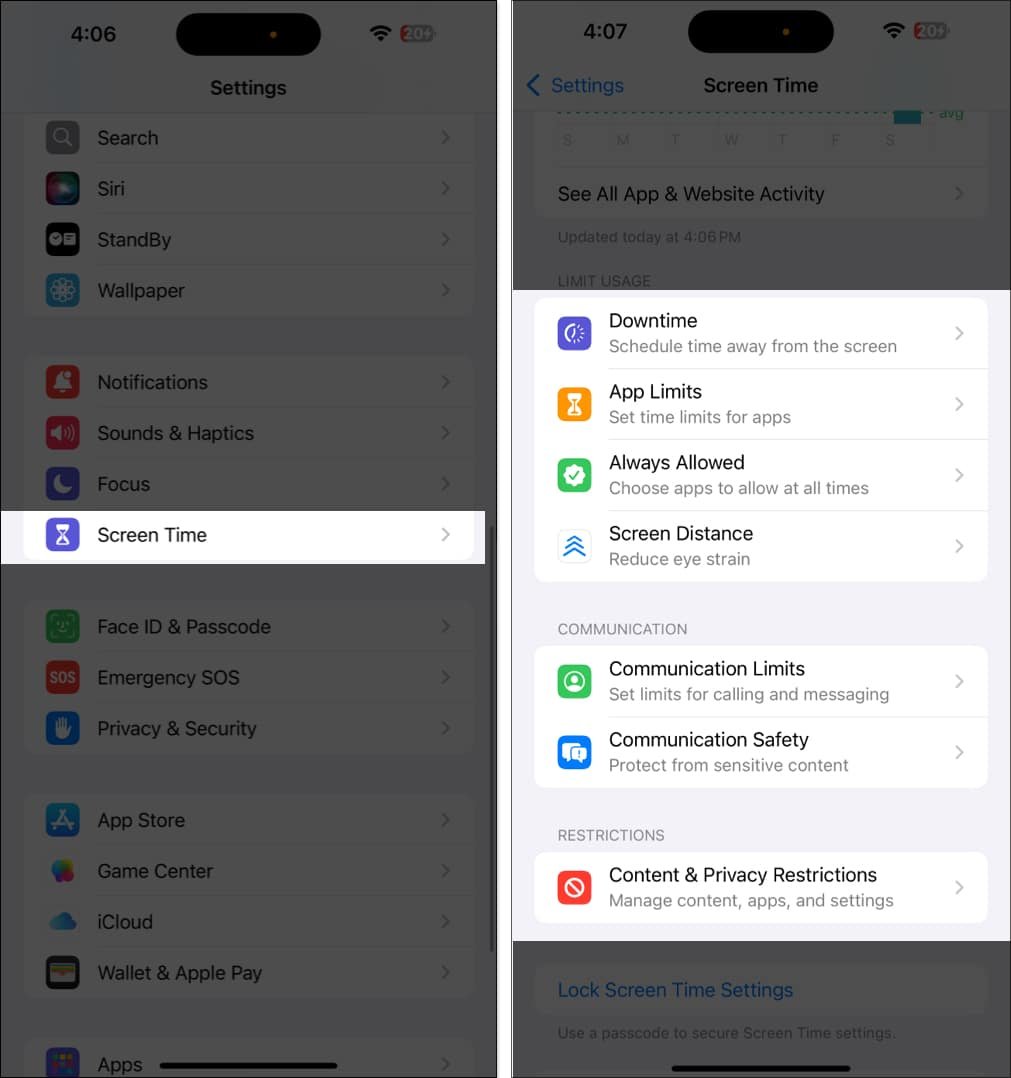 Screen Time settings on iPhone
