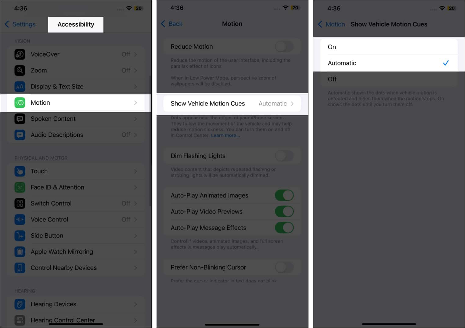 Open Motion in Accessibility settings and turn on Show Vehicle Motion Cues