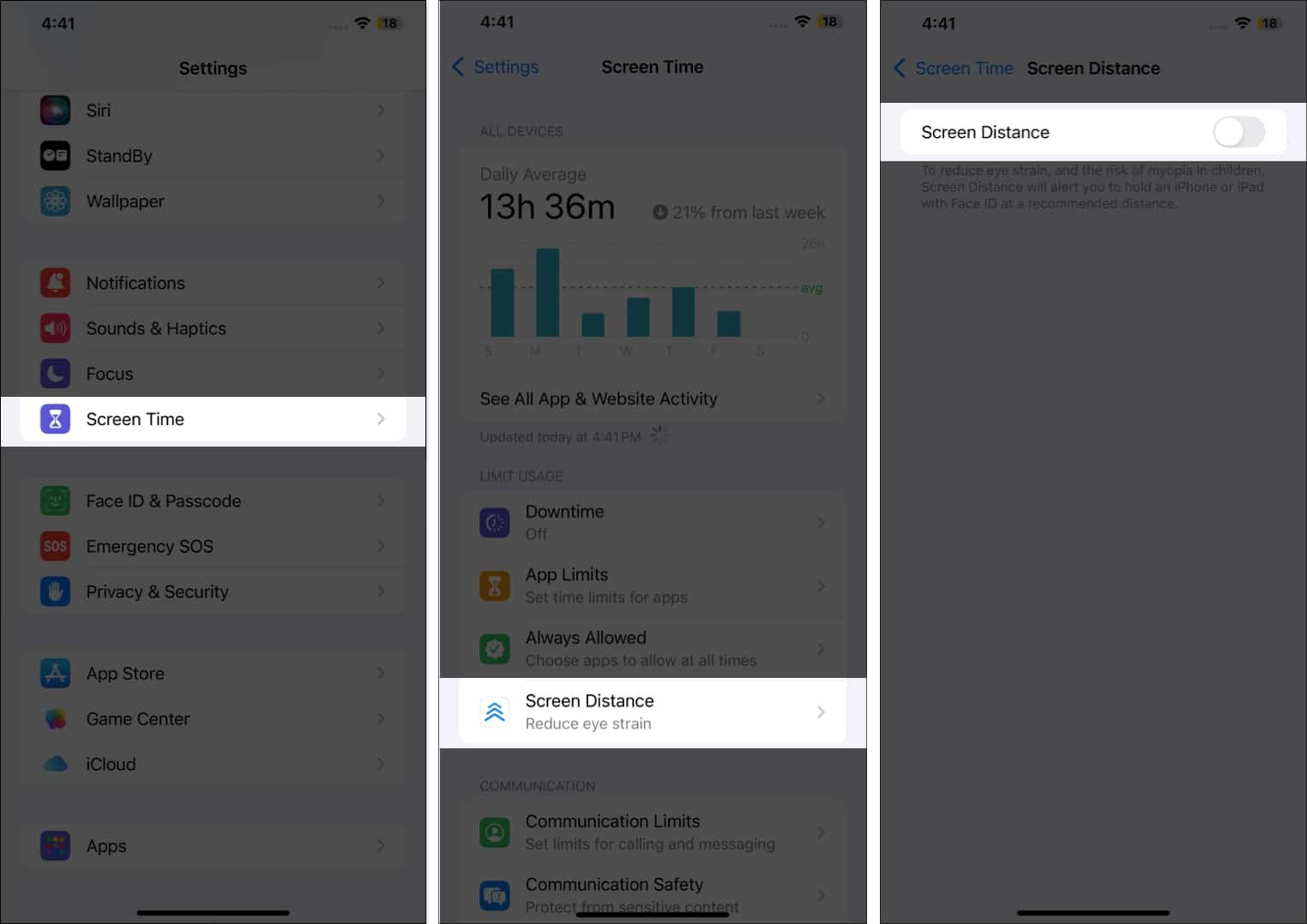 Toggle off Screen Distance in Screen Time settings