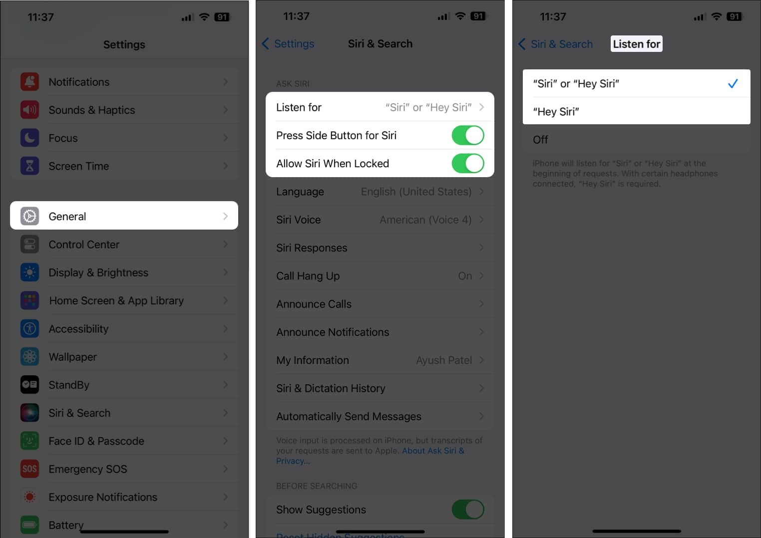 Asegúrate de que Siri esté habilitado en tu iPhone