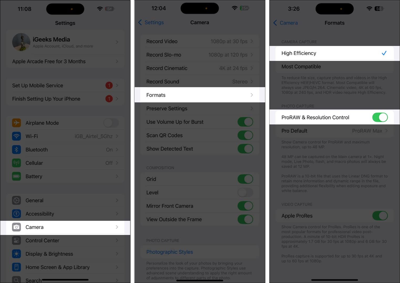 Activar el control de resolución ProRAW en la configuración de la cámara