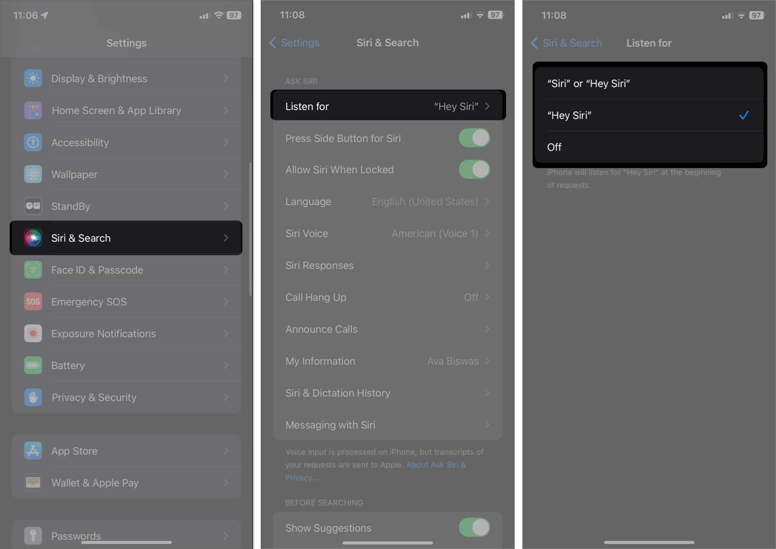 Vaya a Siri y busque. Pulse Escuchar y seleccione entre las opciones.