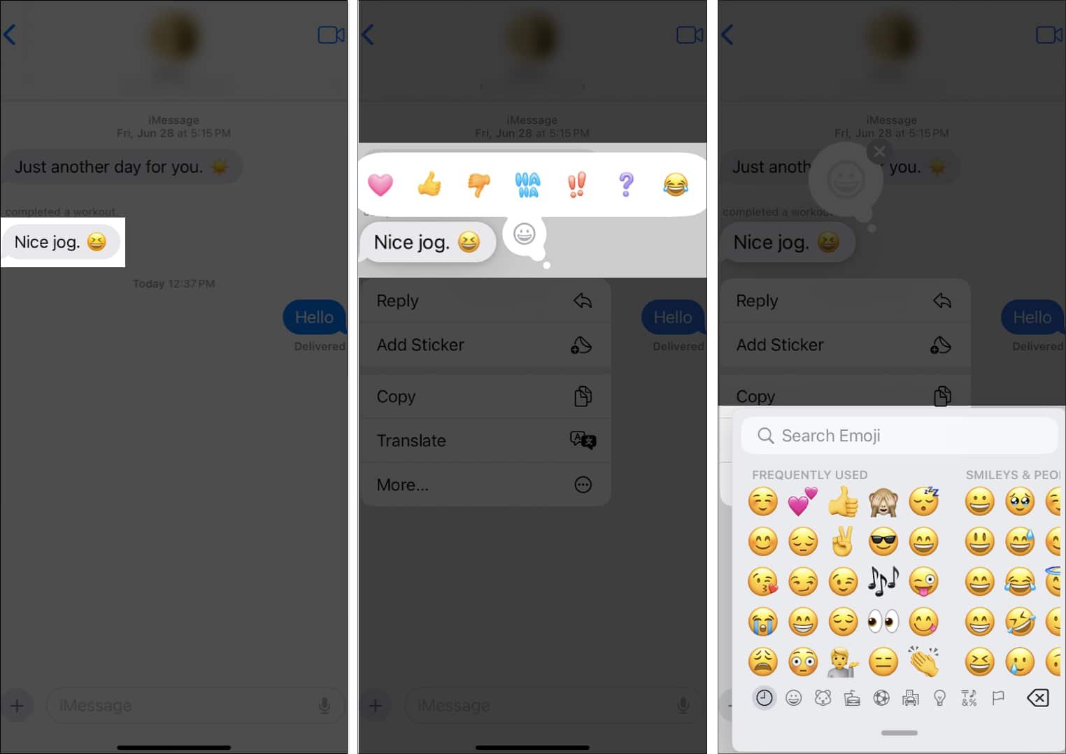 Cómo seleccionar el emoji que se utilizará como reacción de Tapback para un mensaje en la aplicación Mensajes de iOS
