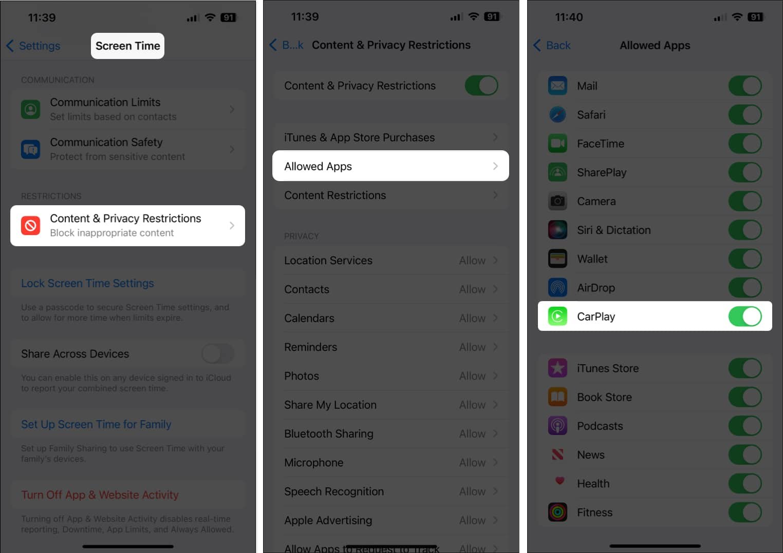 Asegúrese de que CarPlay no esté restringido en la configuración de Tiempo de pantalla
