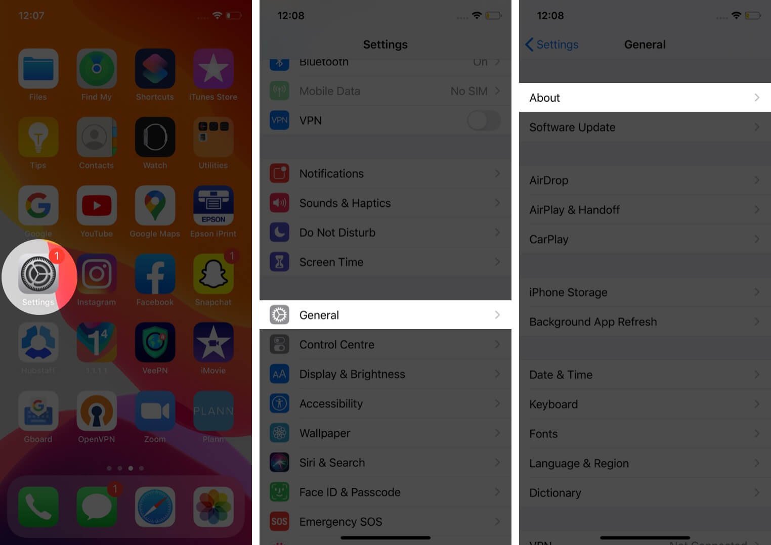 Abra la configuración, toque General y luego toque Acerca de en iPhone