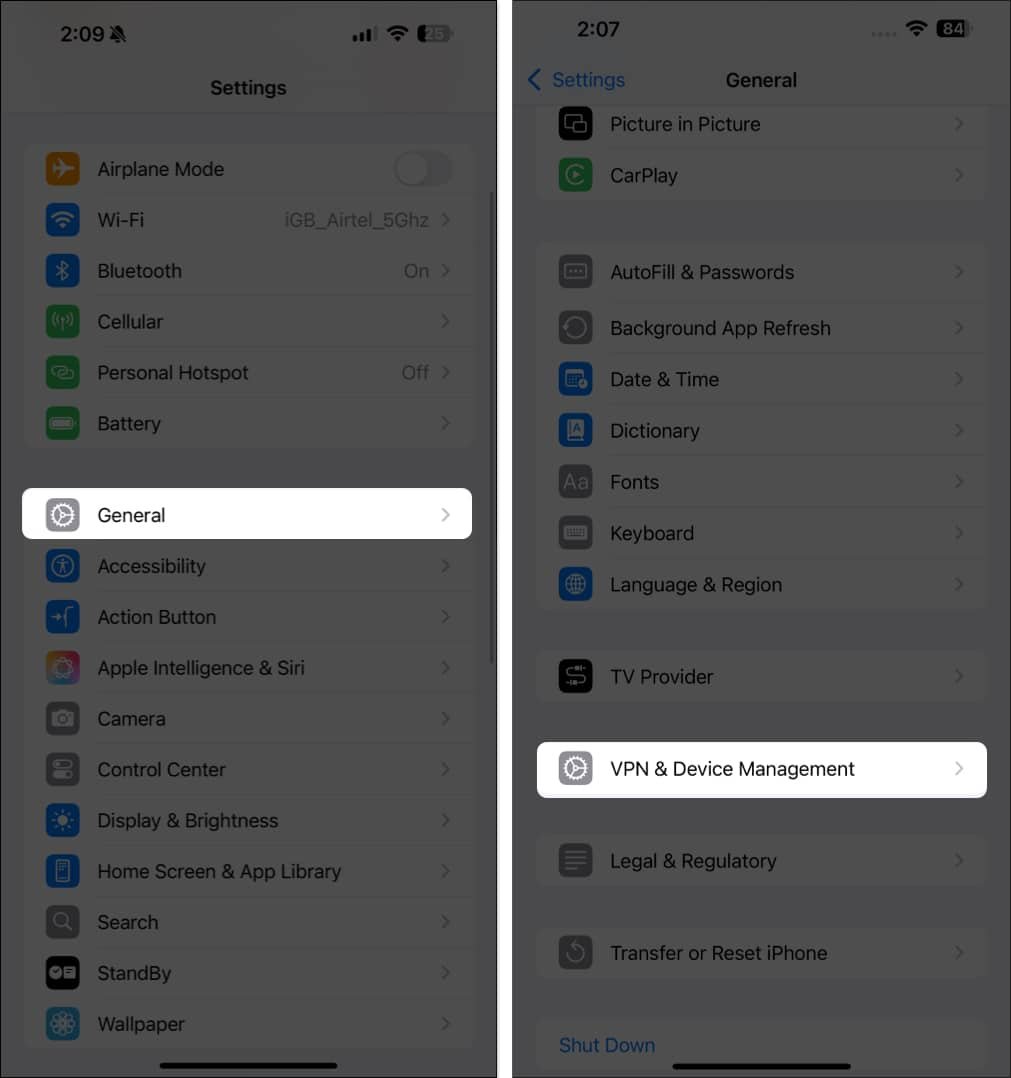 Opción de administración de dispositivos VPN en Configuración general en un iPhone