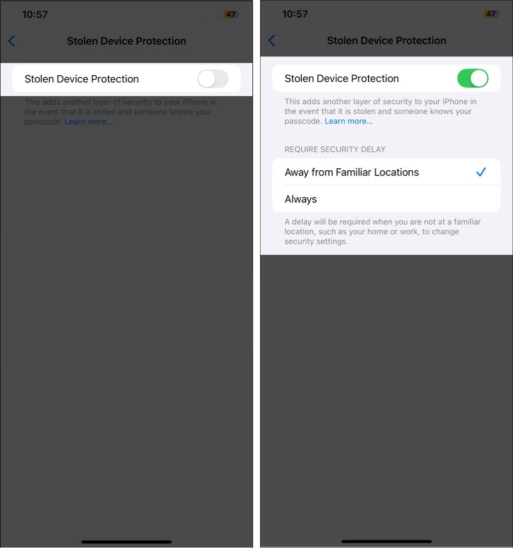 Activar o desactivar la protección de dispositivo robado en iPhone