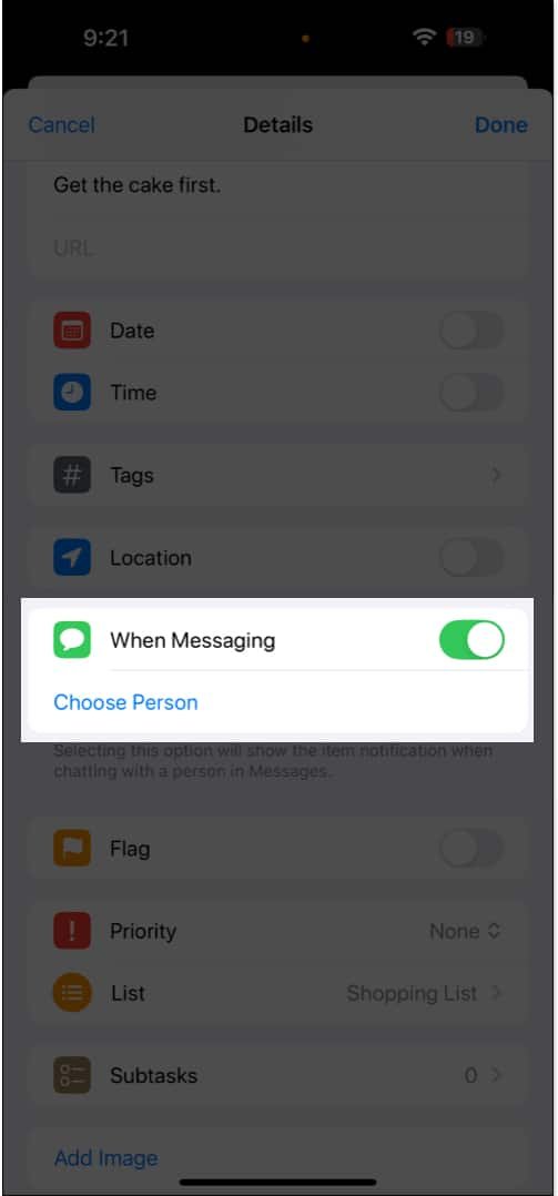 Enabling the option to get reminders in the Messages app on an iPhone