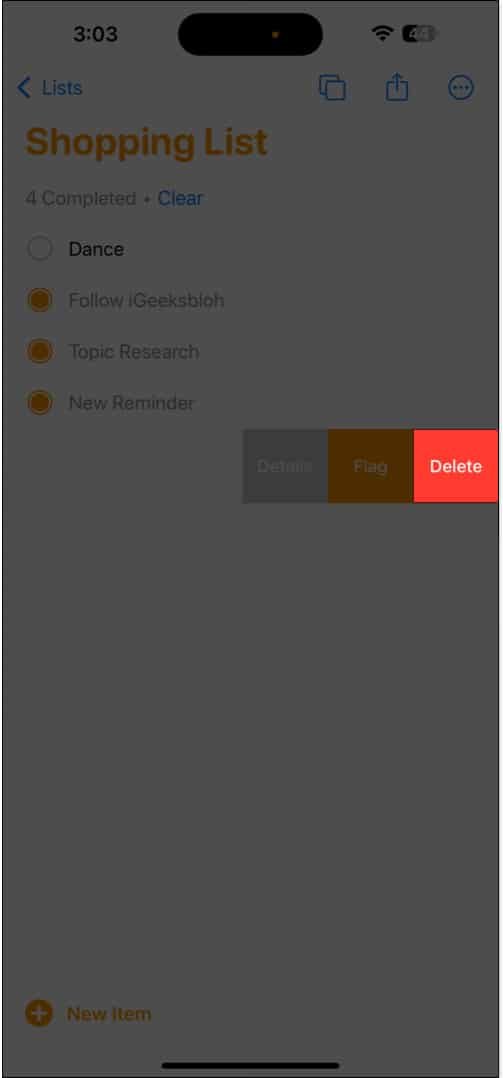 Deleting a reminder in the Reminders app