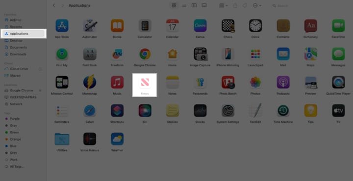 Mostrar e iniciar la aplicación Apple News en una Mac en Finder