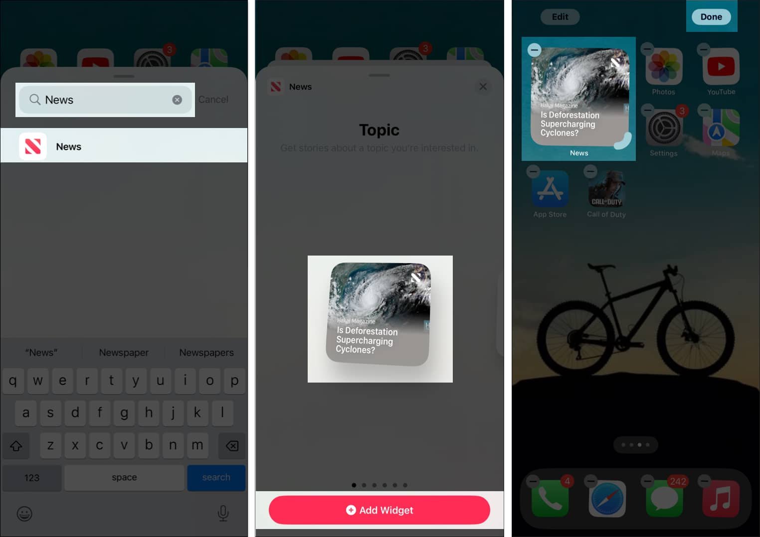 Elegir y seleccionar un widget de Apple News para la pantalla de inicio del iPhone