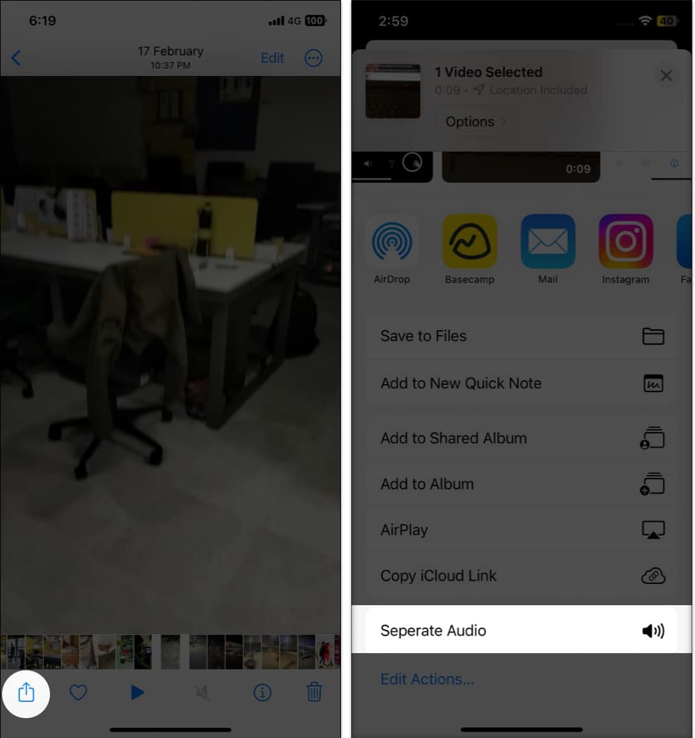 Vaya a la aplicación Fotos, elija el video, toque el botón Compartir y seleccione Audio separado.