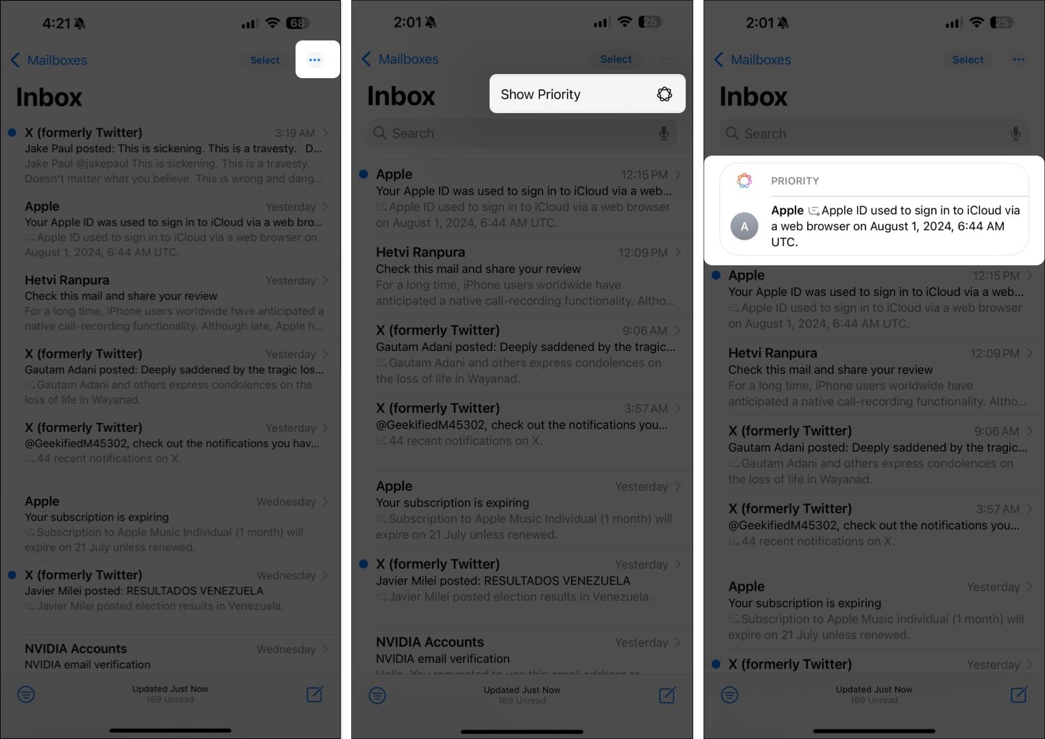 Mostrar la función Prioridad de Apple Intelligence en la aplicación Mail en un iPhone