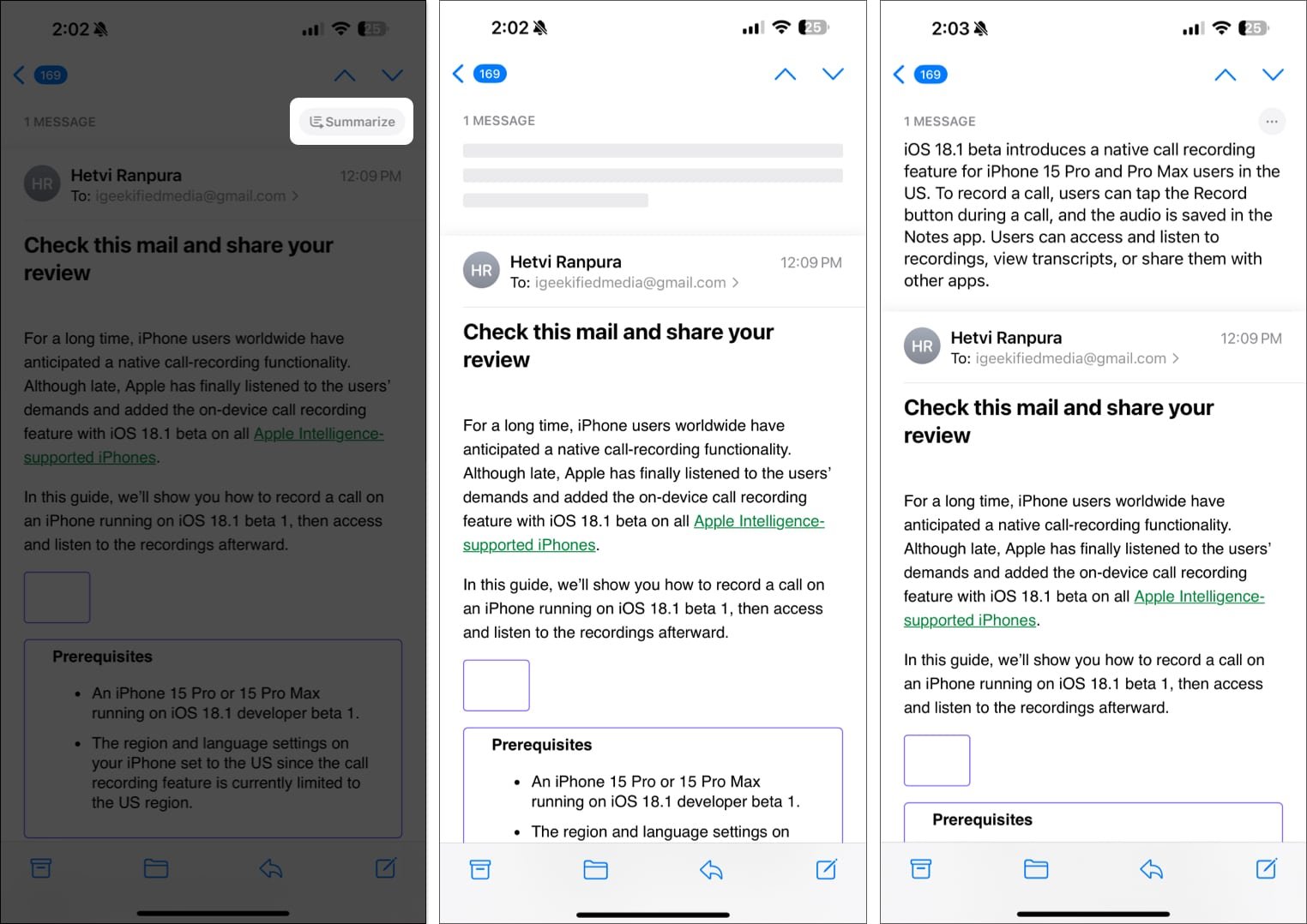 Función Apple Intelligence Summarize que resume un correo electrónico en la aplicación Mail en un iPhone
