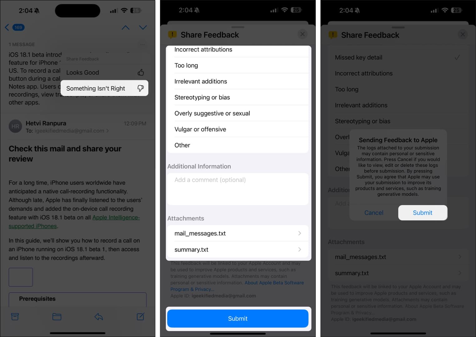 Enviar un comentario a Apple cuando la función Resumen de Apple Intelligence no devuelve un resumen de correo electrónico adecuado.