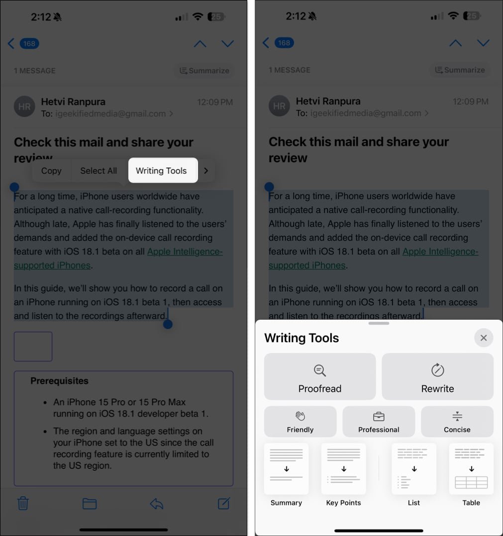 Herramientas de escritura de Apple Intelligence en la aplicación iPhone Mail