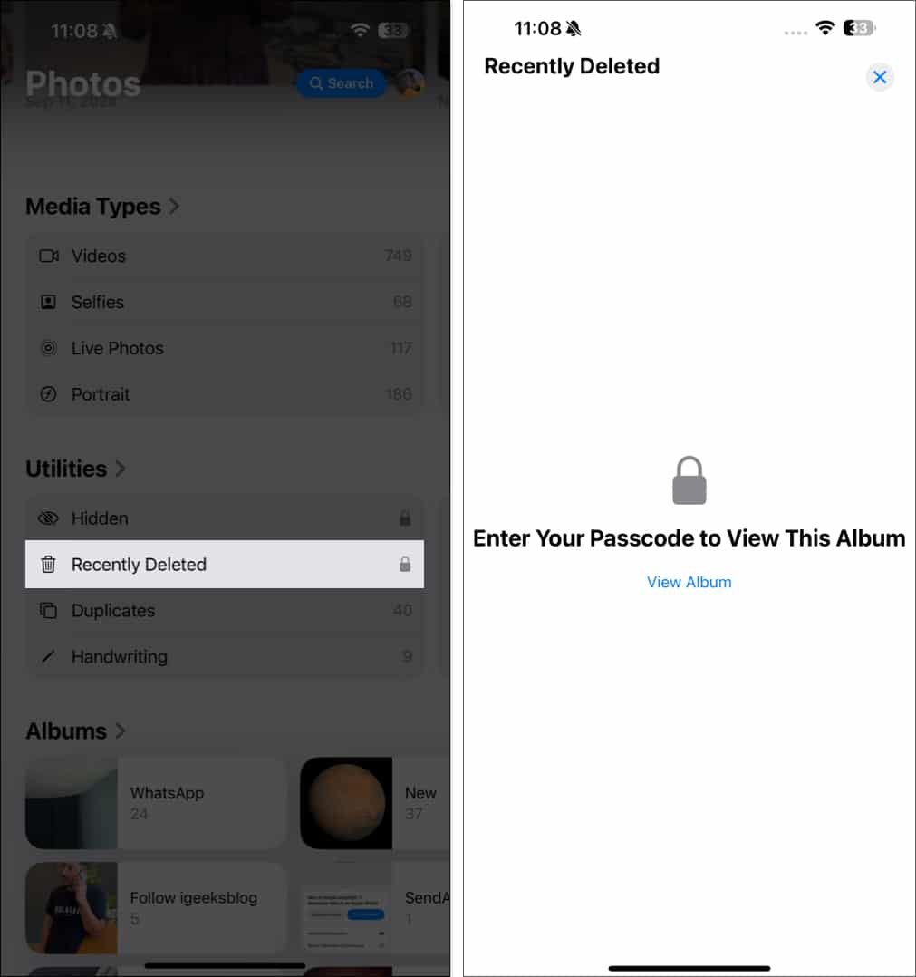 Accessing the Recently Deleted folder in the iOS Photos app