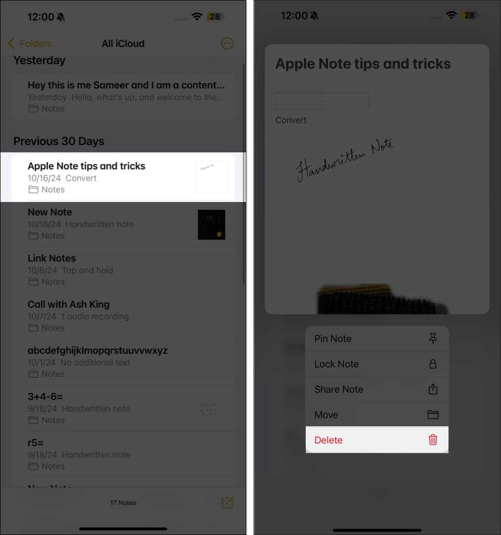 Deleting a note in Apple Notes on an iPhone