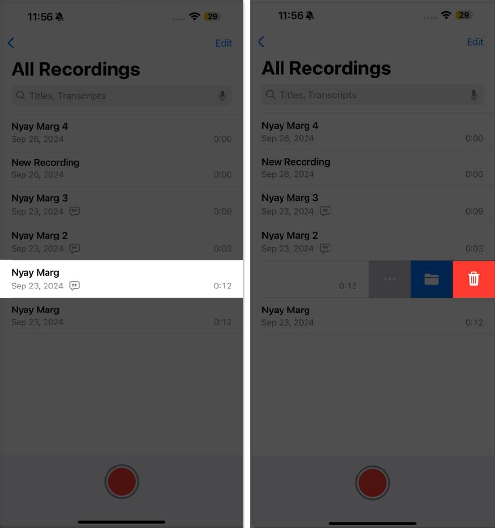 Deleting a voice memo in the Voice Memos app on an iPhone