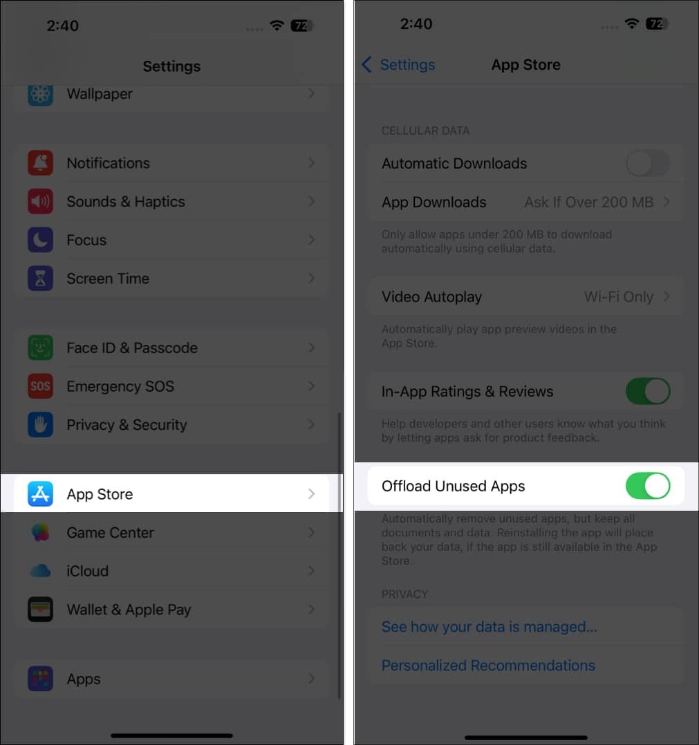 Enabling Offload Unused Apps option in iPhone Settings app