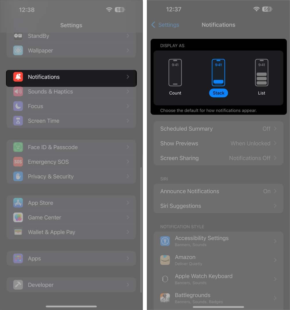 Cambiar el estilo de notificación en la pantalla de bloqueo en iOS 18