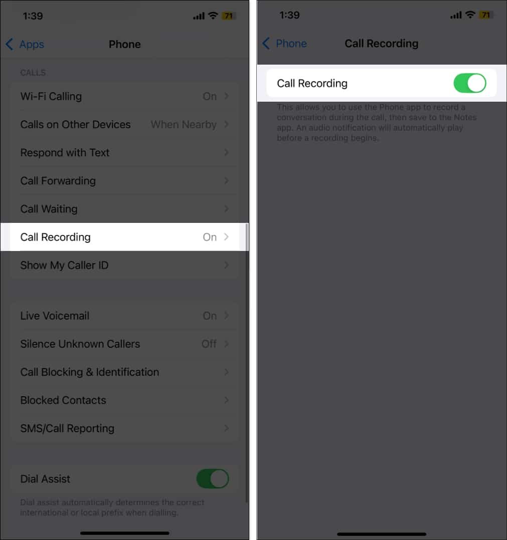 Activar la función de grabación de llamadas en iPhone en iOS 181