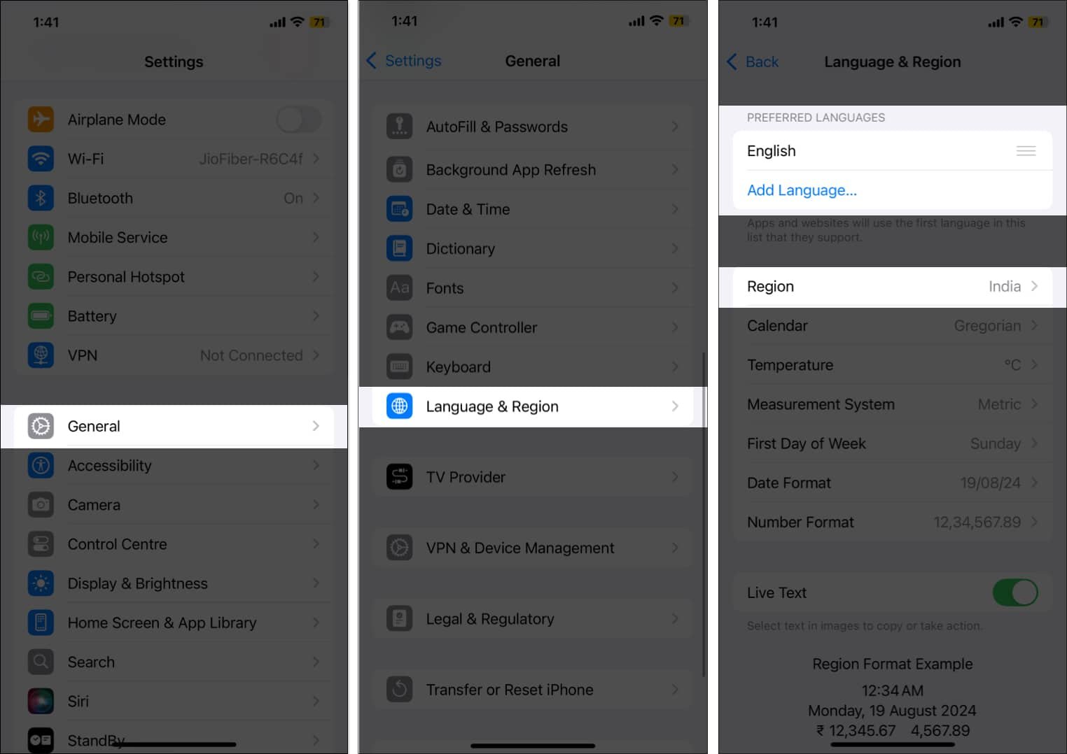 Comprobación de la configuración de idioma y región del iPhone.