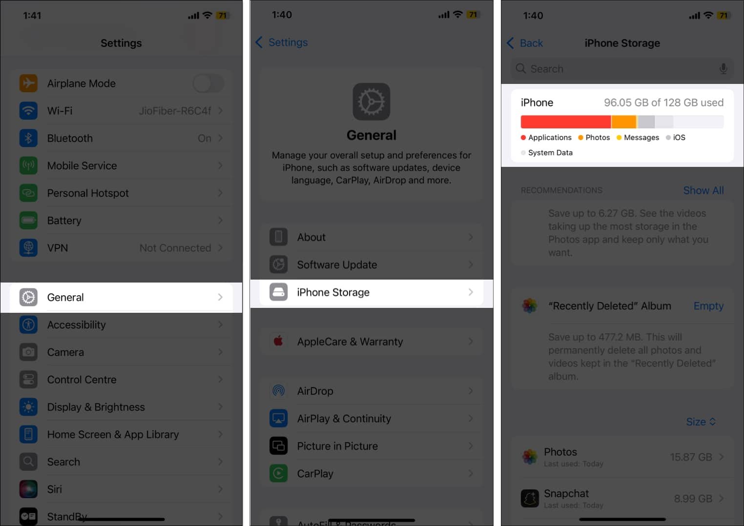 Comprobar el espacio de almacenamiento del iPhone en la aplicación Configuración