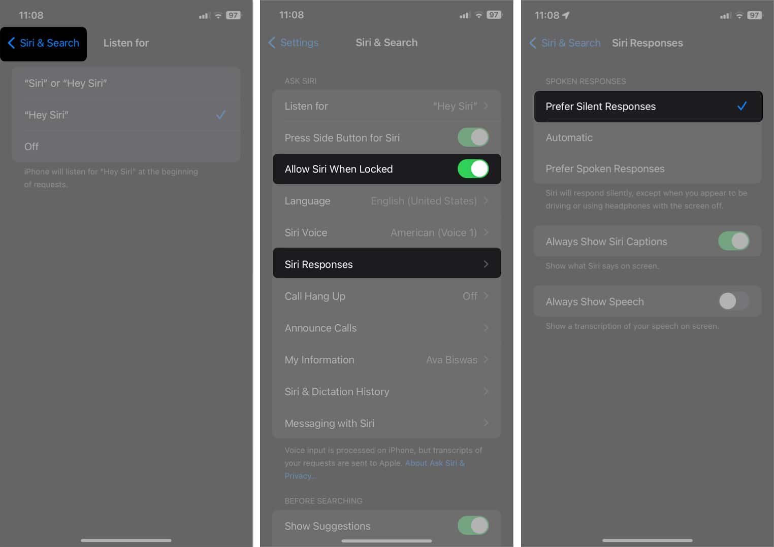Toque hacia atrás para alternar en Permitir Siri cuando está bloqueado, seleccione Respuestas de Siri, elija Preferir respuestas habladas.