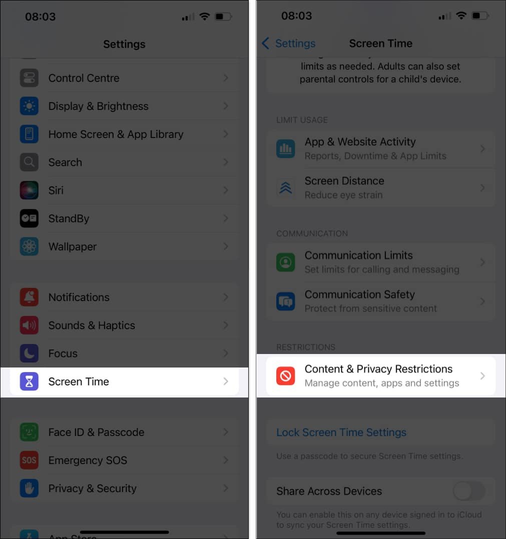 Toque Restricciones de contenido y privacidad en la configuración de Screen Time del iPhone