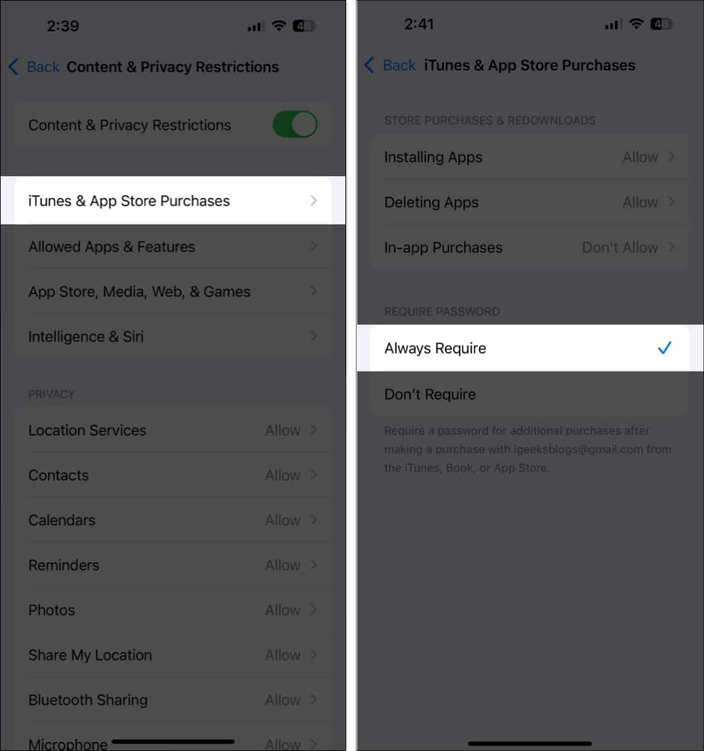 Toque la opción Requerir siempre en Requerir contraseña en la configuración de compras de iTunes App Store