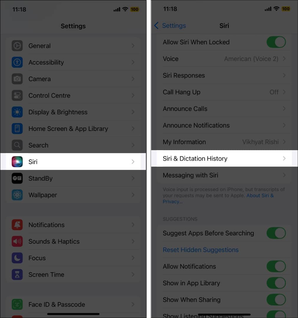 Accediendo a la opción Siri e Historial de dictado en la aplicación Configuración de iPhone