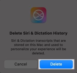 Botón Eliminar en el mensaje de confirmación para confirmar la eliminación del historial de Siri