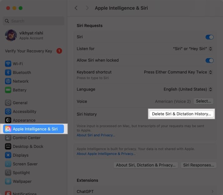 Eliminar el botón Historial de dictado de Siri en la aplicación Configuración del sistema Apple en una Mac