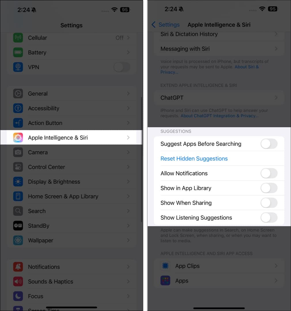 Desactivar las sugerencias de Siri en la configuración del iPhone