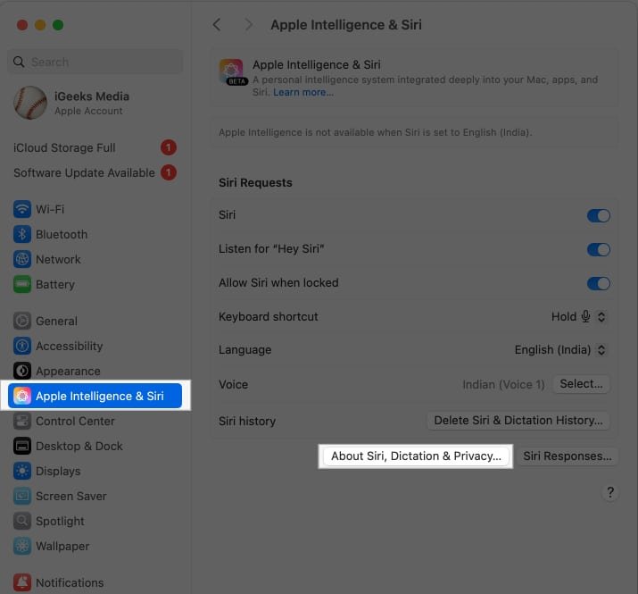 Acceder a la opción Acerca de la privacidad del dictado de Siri en Configuración del sistema en una Mac