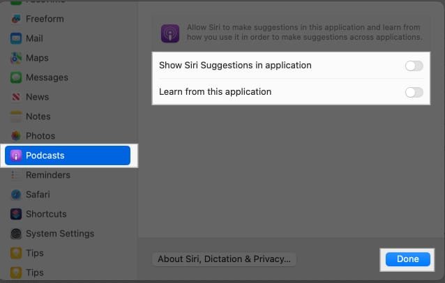 Desactivar las sugerencias de Siri para una aplicación en una Mac