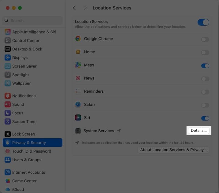 Acceder a los detalles de los Servicios del sistema en la aplicación Configuración del sistema de Mac