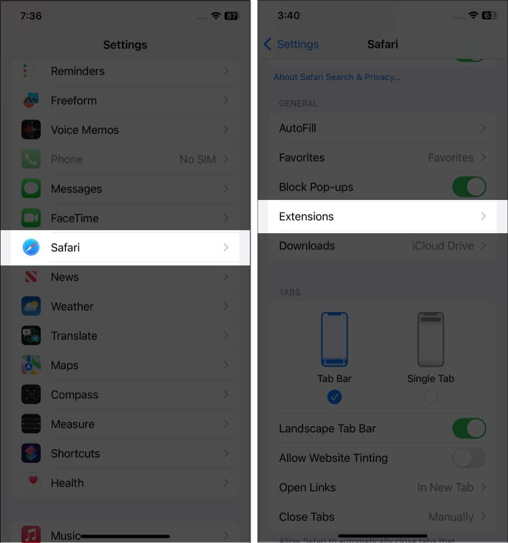 Toque Extensiones en Safari en iPhone