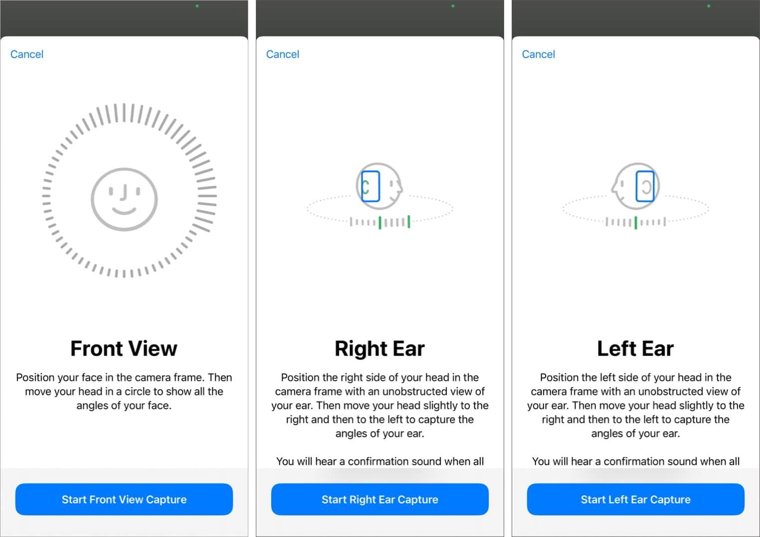 Agregar capturas de vista frontal del oído izquierdo y del oído derecho para audio espacial personalizado en iOS 16