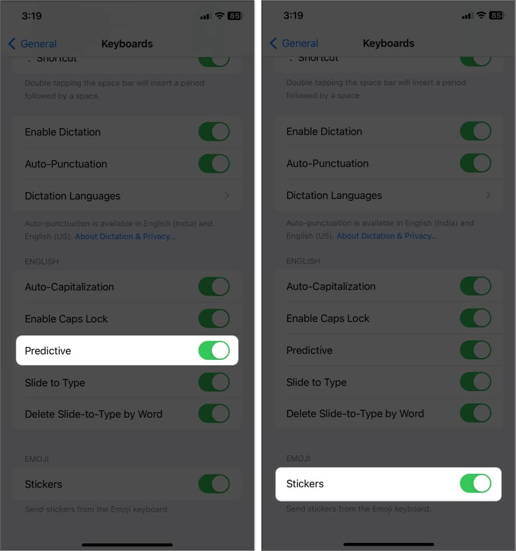 vaya a la configuración del teclado y active predictivos y adhesivos en la configuración