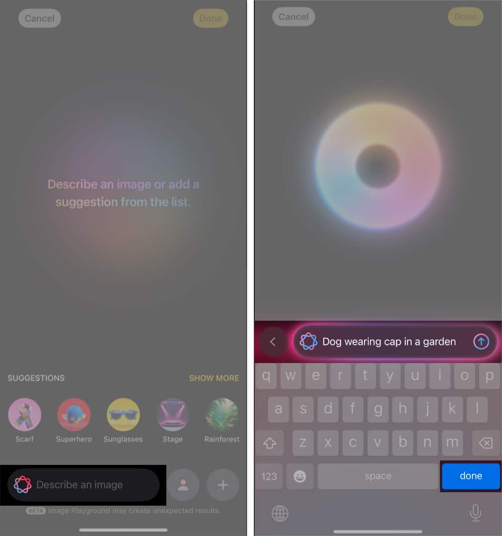 Ingresar una descripción de imagen en la aplicación Image Playground en un iPhone para generar una imagen