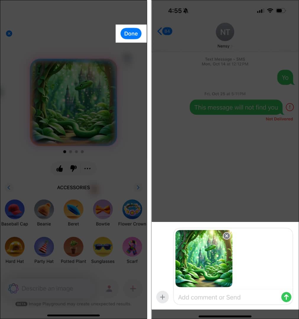 Enviar una imagen creada con Image Playground en la aplicación Mensajes de un iPhone