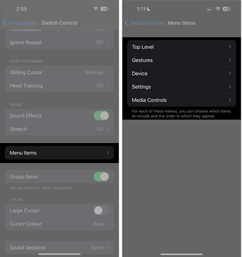 Switch control tap Menu items to Modify the actions shown in the Scanner Menu