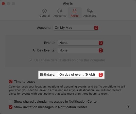 Elegir la hora para la alerta de cumpleaños en la aplicación Calendario de macOS en una Mac