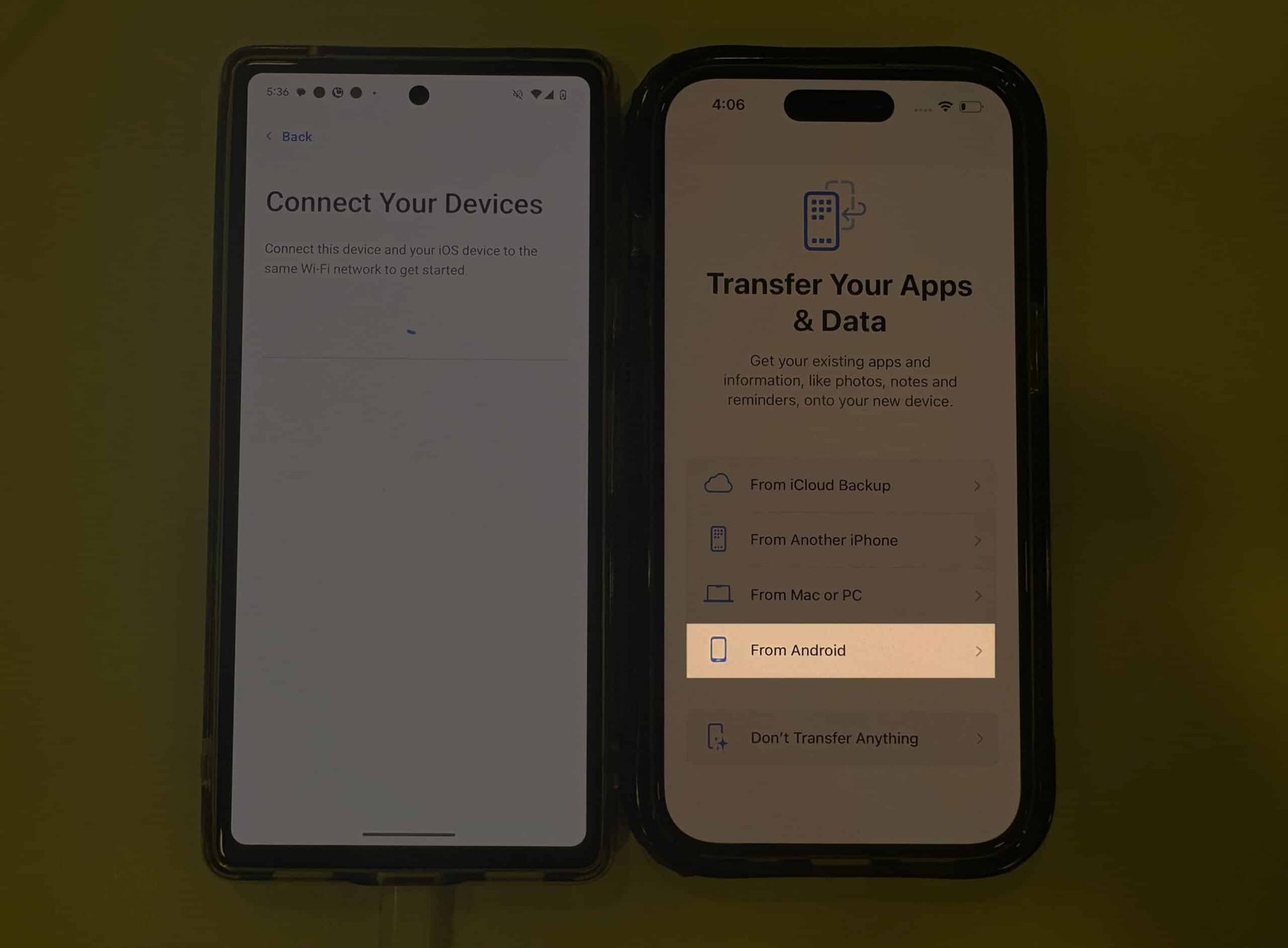 Elegir el dispositivo fuente en un iPhone durante la configuración