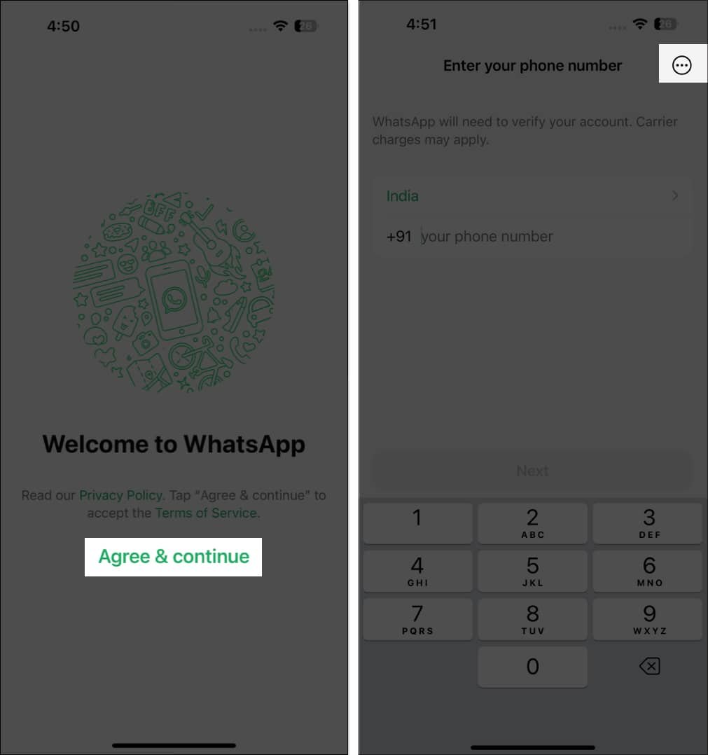 Aceptar los términos y condiciones de WhatsApp en iPhone y encontrar la opción Enlace como dispositivo complementario