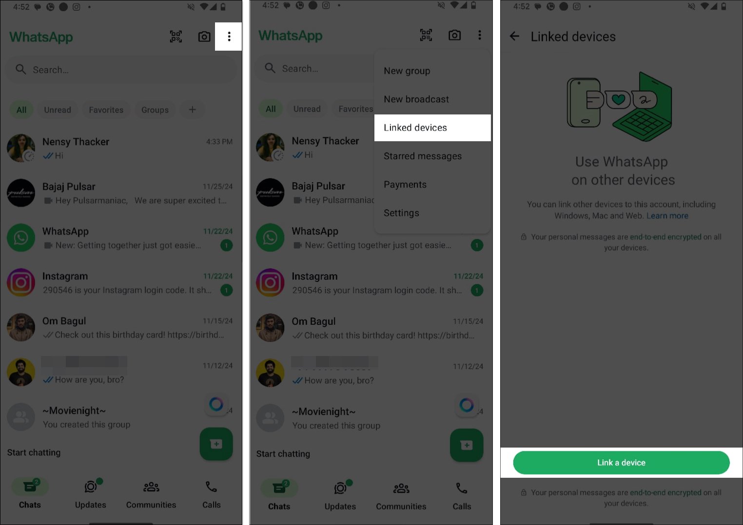 Accediendo al botón Vincular un dispositivo en WhatsApp en Android